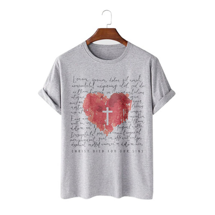 Christianartworkshop Fresh Style Cross and Heart Short Sleeve Washed T-shirt - Grey - 2XL - image 18