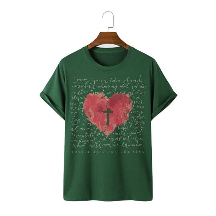 Christianartworkshop Fresh Style Cross and Heart Short Sleeve Washed T-shirt - Dark Green - 2XL - image 10