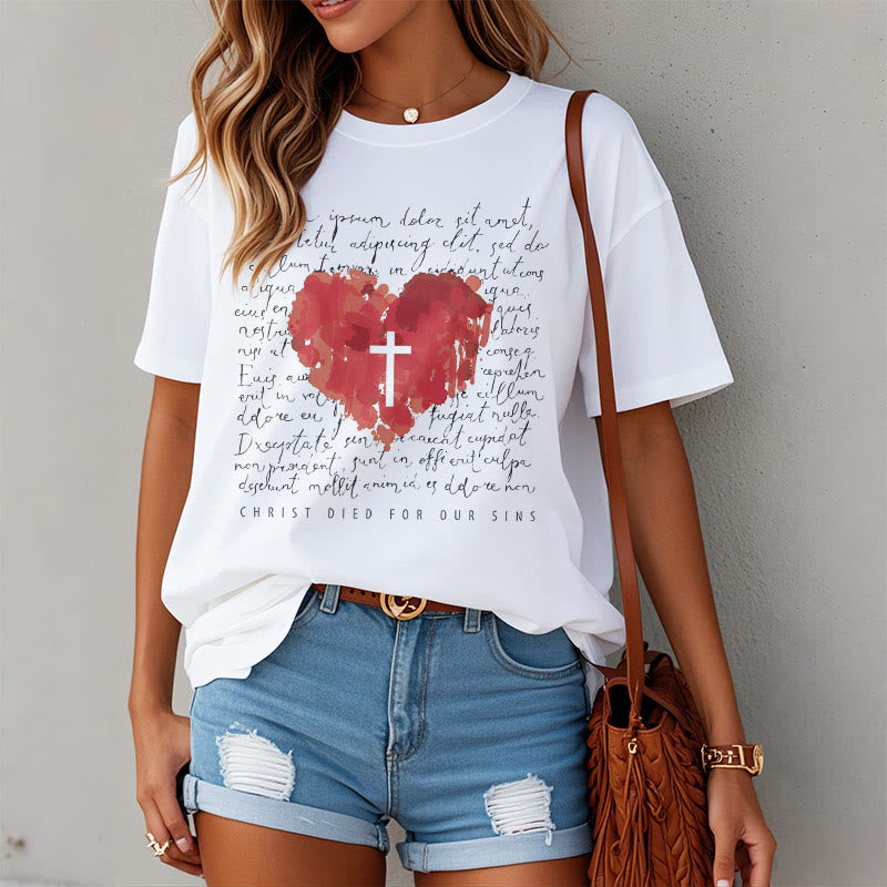 Christianartworkshop Fresh Style Cross and Heart Short Sleeve Washed T-shirt - image 4