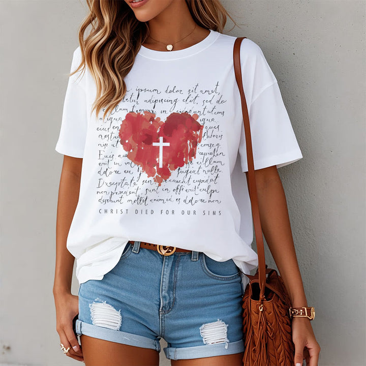 Christianartworkshop Fresh Style Cross and Heart Short Sleeve Washed T-shirt - image 4