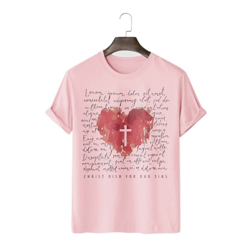 Christianartworkshop Fresh Style Cross and Heart Short Sleeve Washed T-shirt - Pink - 2XL - image 14