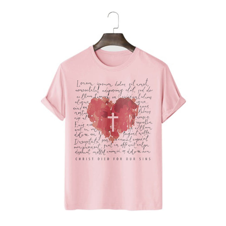 Christianartworkshop Fresh Style Cross and Heart Short Sleeve Washed T-shirt - Pink - 2XL - image 14