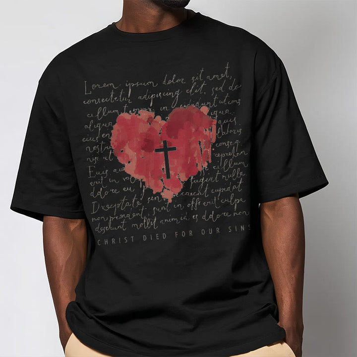 Christianartworkshop Fresh Style Cross and Heart Short Sleeve Washed T-shirt - image 7