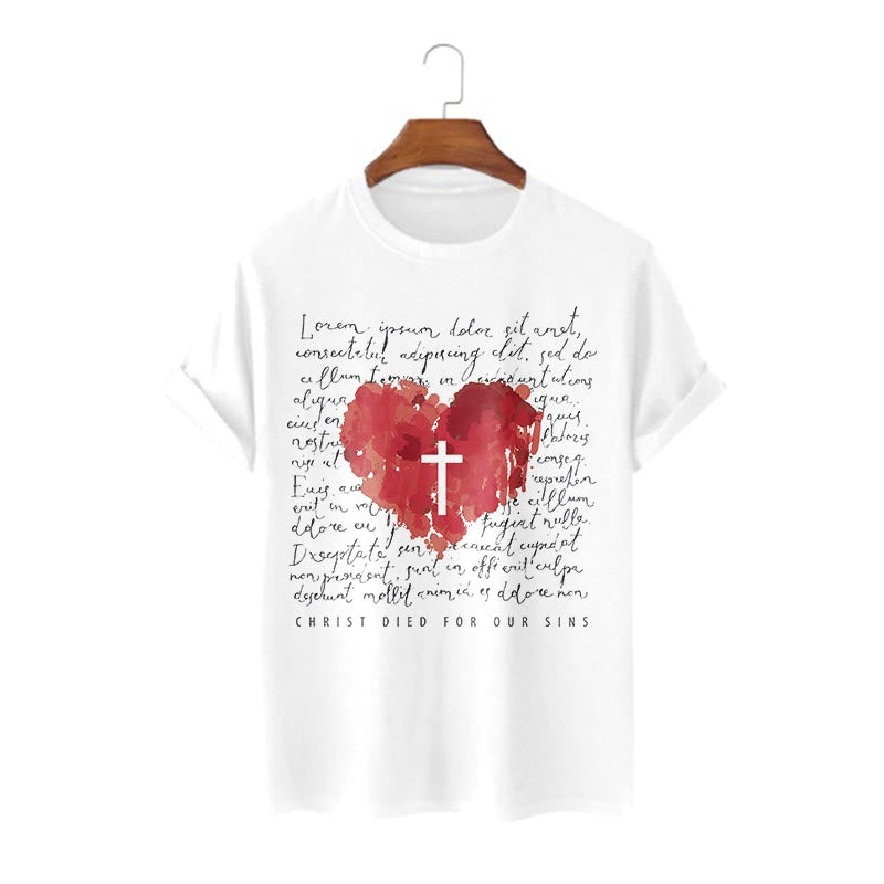 Christianartworkshop Fresh Style Cross and Heart Short Sleeve Washed T-shirt - White - 2XL - image 2