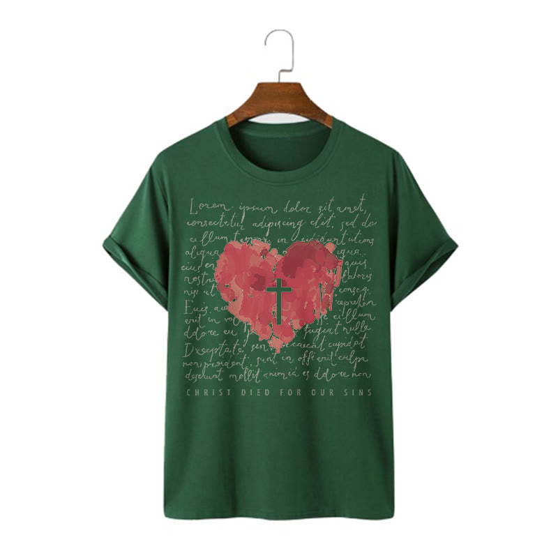 Christianartworkshop Fresh Style Cross and Heart Short Sleeve T-shirt - Dark Green - 2XL - image 9