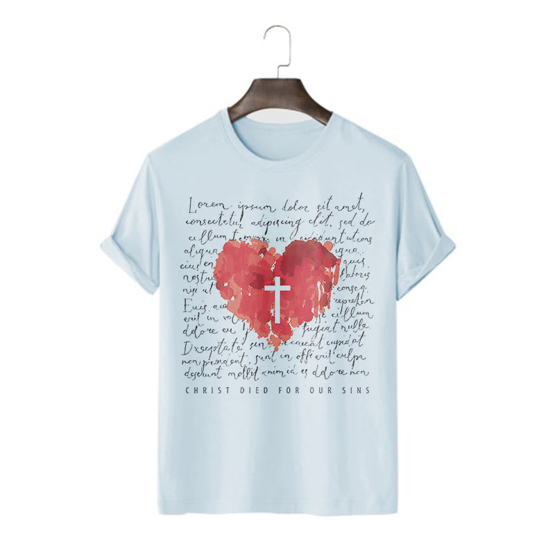 Christianartworkshop Fresh Style Cross and Heart Short Sleeve Washed T-shirt - Blue - 2XL - image 1