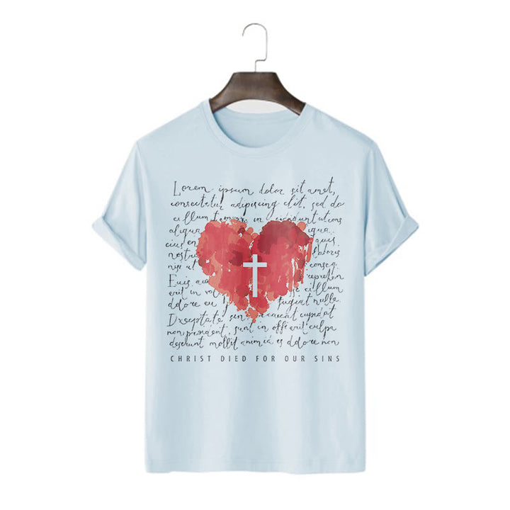 Christianartworkshop Fresh Style Cross and Heart Short Sleeve Washed T-shirt - Blue - 2XL - image 1