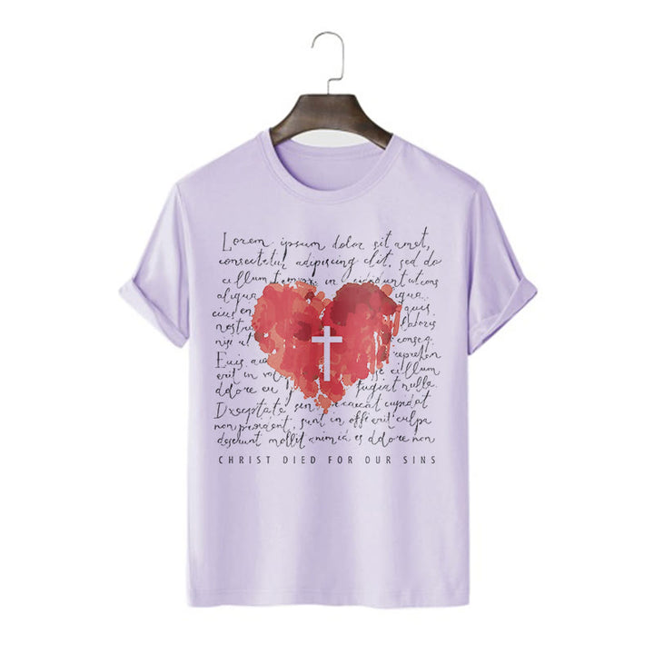 Christianartworkshop Fresh Style Cross and Heart Short Sleeve Washed T-shirt - Purple - 2XL - image 16