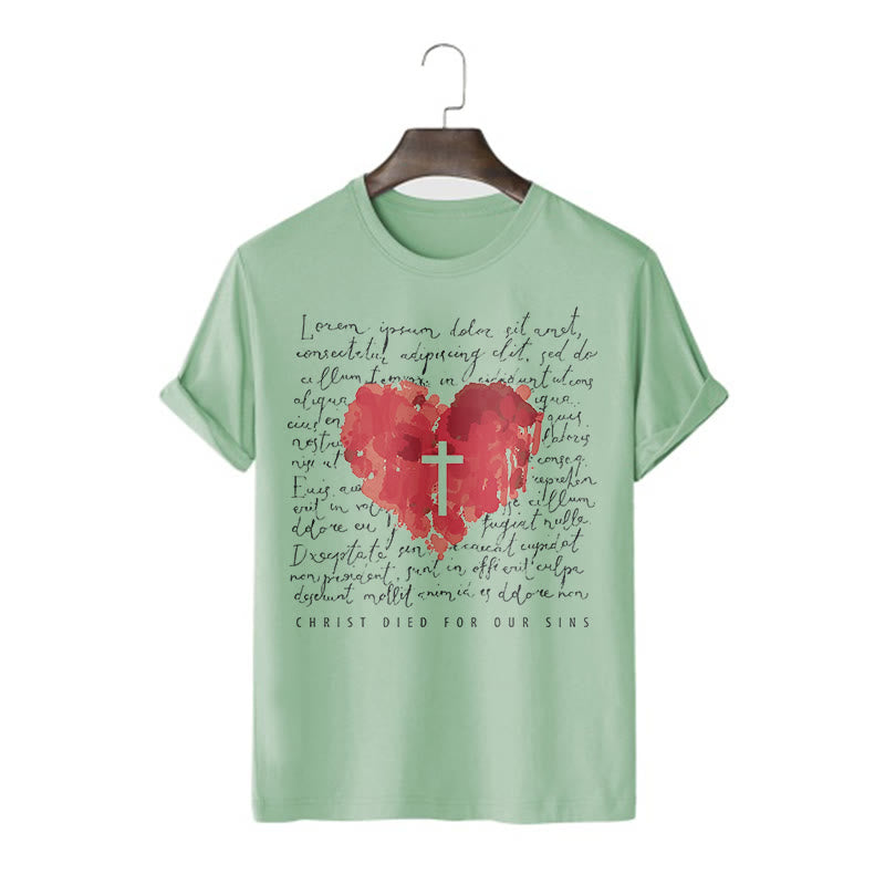Christianartworkshop Fresh Style Cross and Heart Short Sleeve Washed T-shirt - Light Green - 2XL - image 12