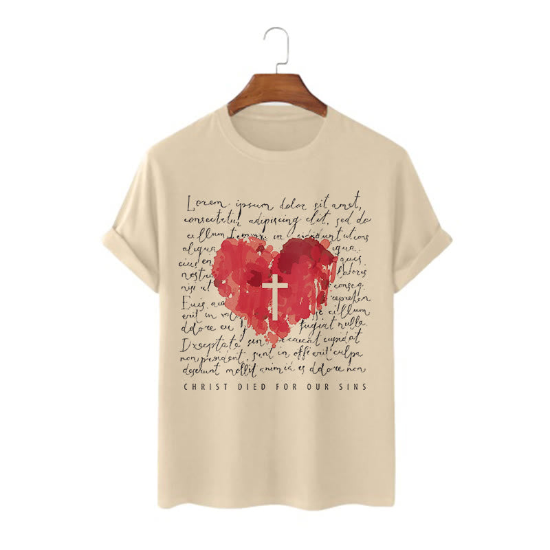 Christianartworkshop Fresh Style Cross and Heart Short Sleeve Washed T-shirt - Khaki - 2XL - image 8