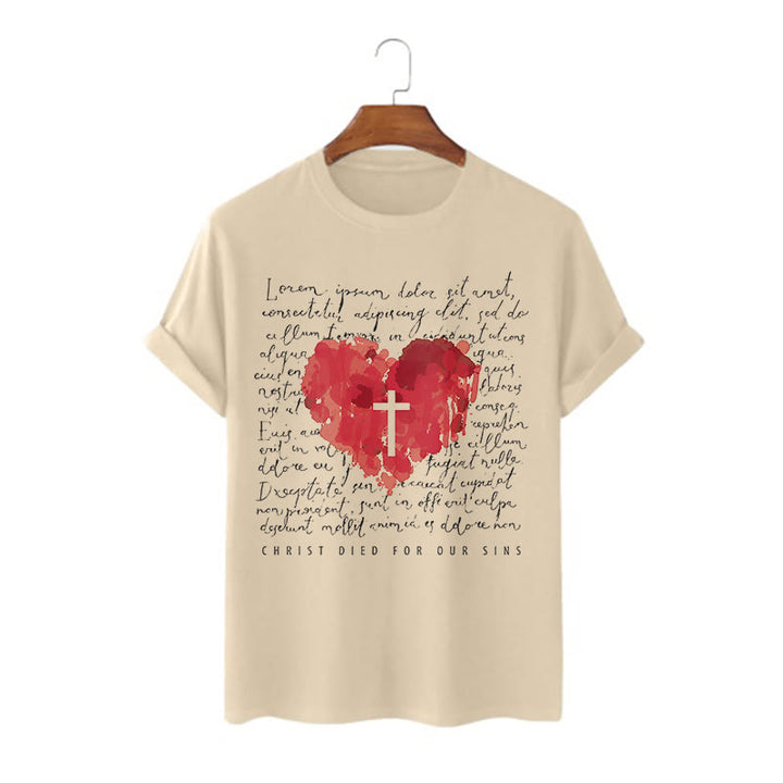 Christianartworkshop Fresh Style Cross and Heart Short Sleeve Washed T-shirt - Khaki - 2XL - image 8