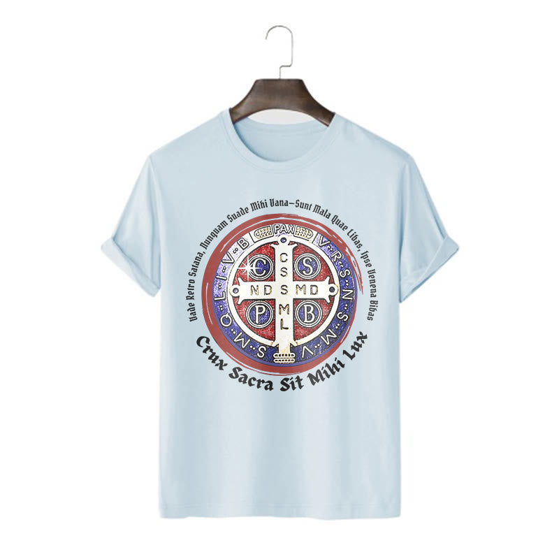 Christianartworkshop Classic Style Saint Benedict Medal Short Sleeve T-shirt - Blue - 2XL - image 18