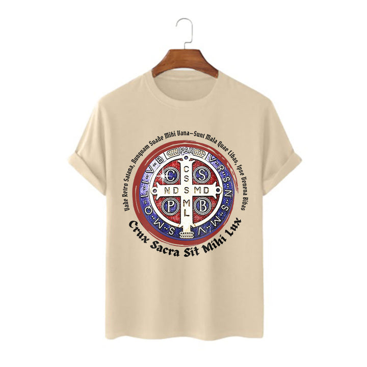 Christianartworkshop Classic Style Saint Benedict Medal Short Sleeve T-shirt - Khaki - 2XL - image 8