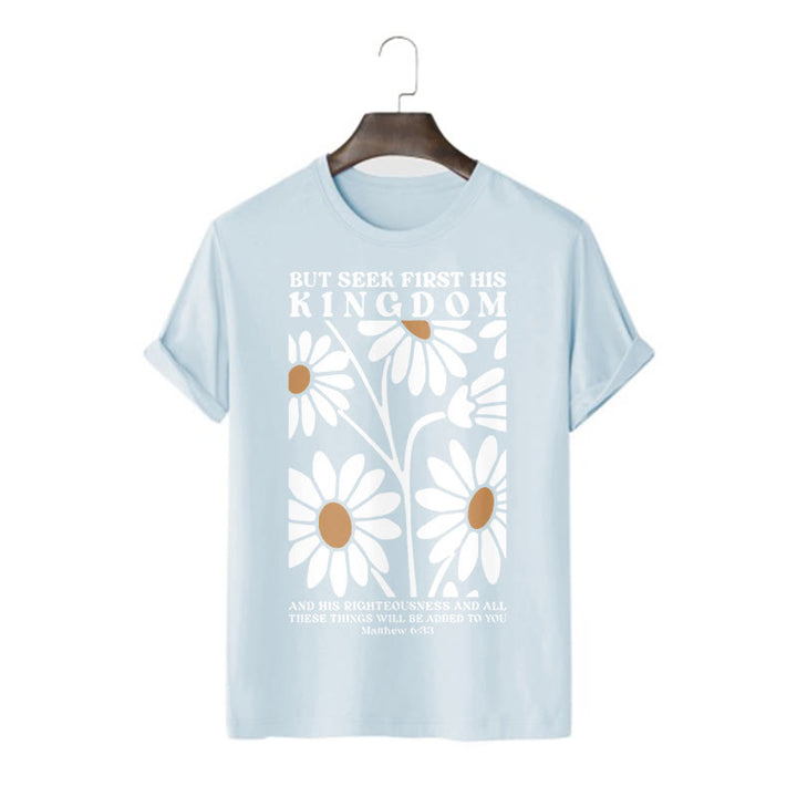Christianartworkshop Quotation Style Matthew 6:33 But Seek First His Kingdom Floral Short Sleeve T-shirt - Blue - 2XL - image 15