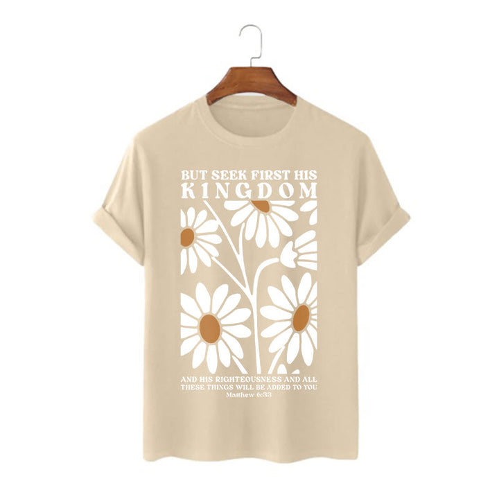 Christianartworkshop Quotation Style Matthew 6:33 But Seek First His Kingdom Floral Short Sleeve T-shirt - Khaki - 2XL - image 4