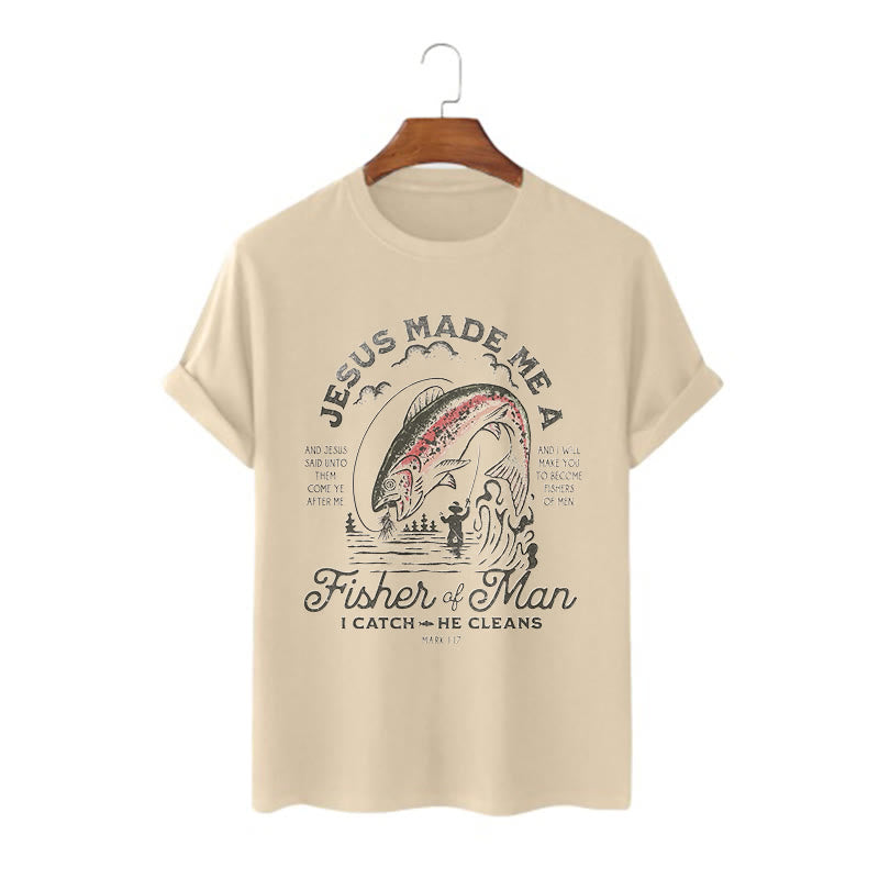 Christianartworkshop Quotaion Style Jesus Made Me A Fisher Of Man Short Sleeve T-shirt - Khaki - 2XL - image 5