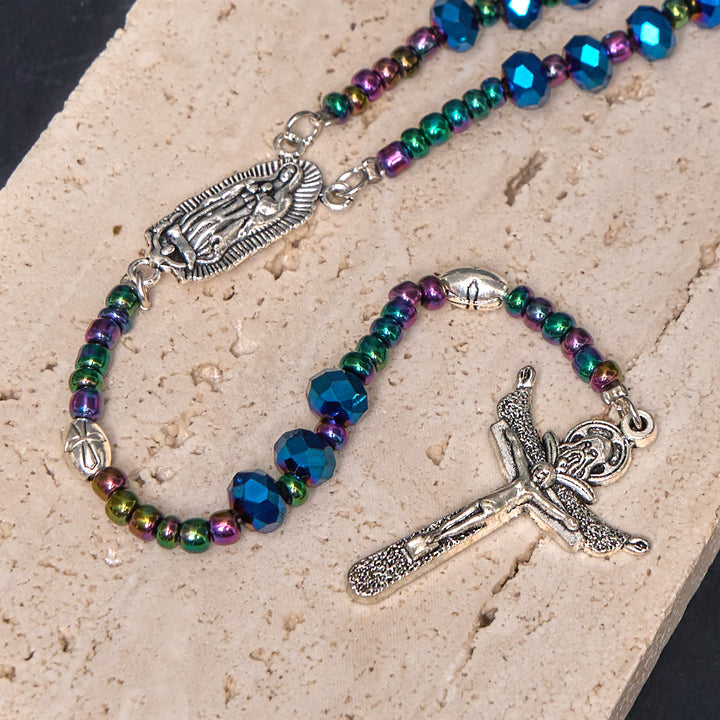 Christianartworkshop Our Lady of Guadalupe & Trinity Cross of 4*6 mm Polyhedron Blue Crystal Nylon Cord Rosary - image 3