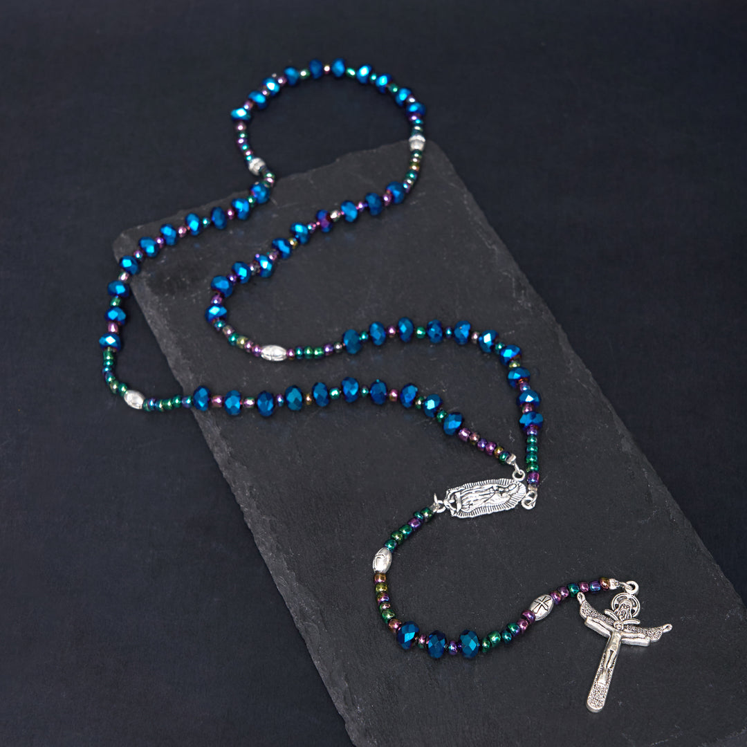 Christianartworkshop Our Lady of Guadalupe & Trinity Cross of 4*6 mm Polyhedron Blue Crystal Nylon Cord Rosary - Blue - image 0