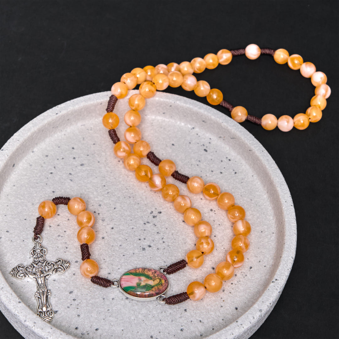 Christianartworkshop Our Lady of Guadalupe & Crucifix of 10 mm Round Orange Acrylic Nylon Cord Rosary - image 2