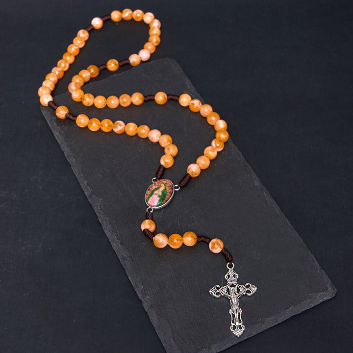 Christianartworkshop Our Lady of Guadalupe & Crucifix of 10 mm Round Orange Acrylic Nylon Cord Rosary - Orange - image 0