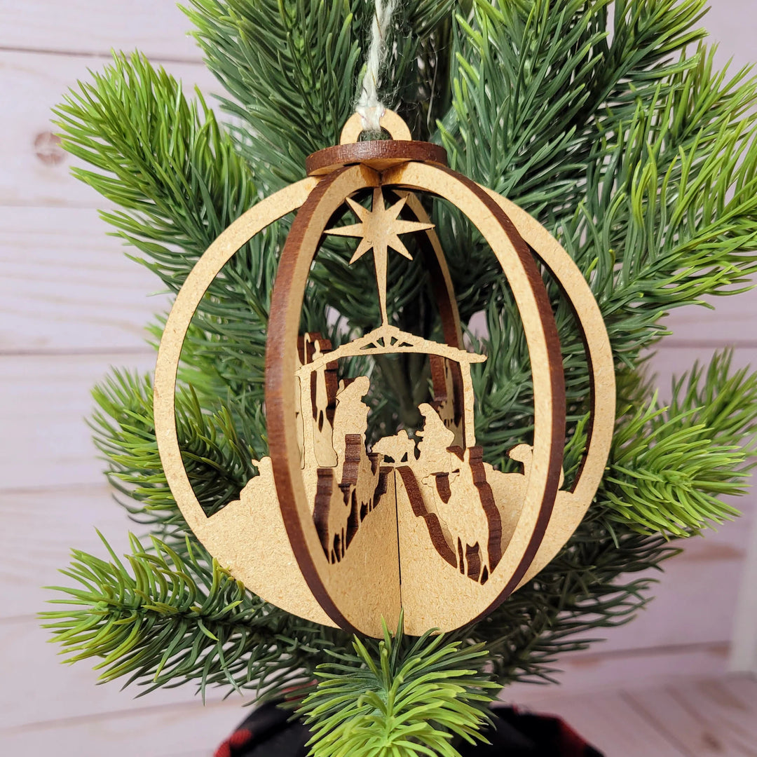Christianartworkshop Rustic Style Nativity Scene Orb Wood Pendant Christmas Nativity Hanging Ornaments - Nativity Scene - image 0