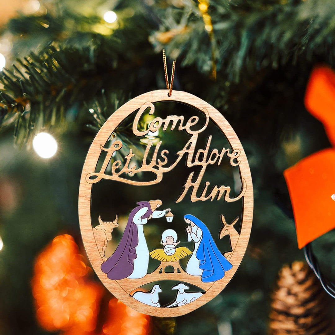Christianartworkshop Rustic Colored Style Nativity Scene Come Let Us Adore Him Christmas Nativity Hanging Ornaments - Nativity Scene - image 0