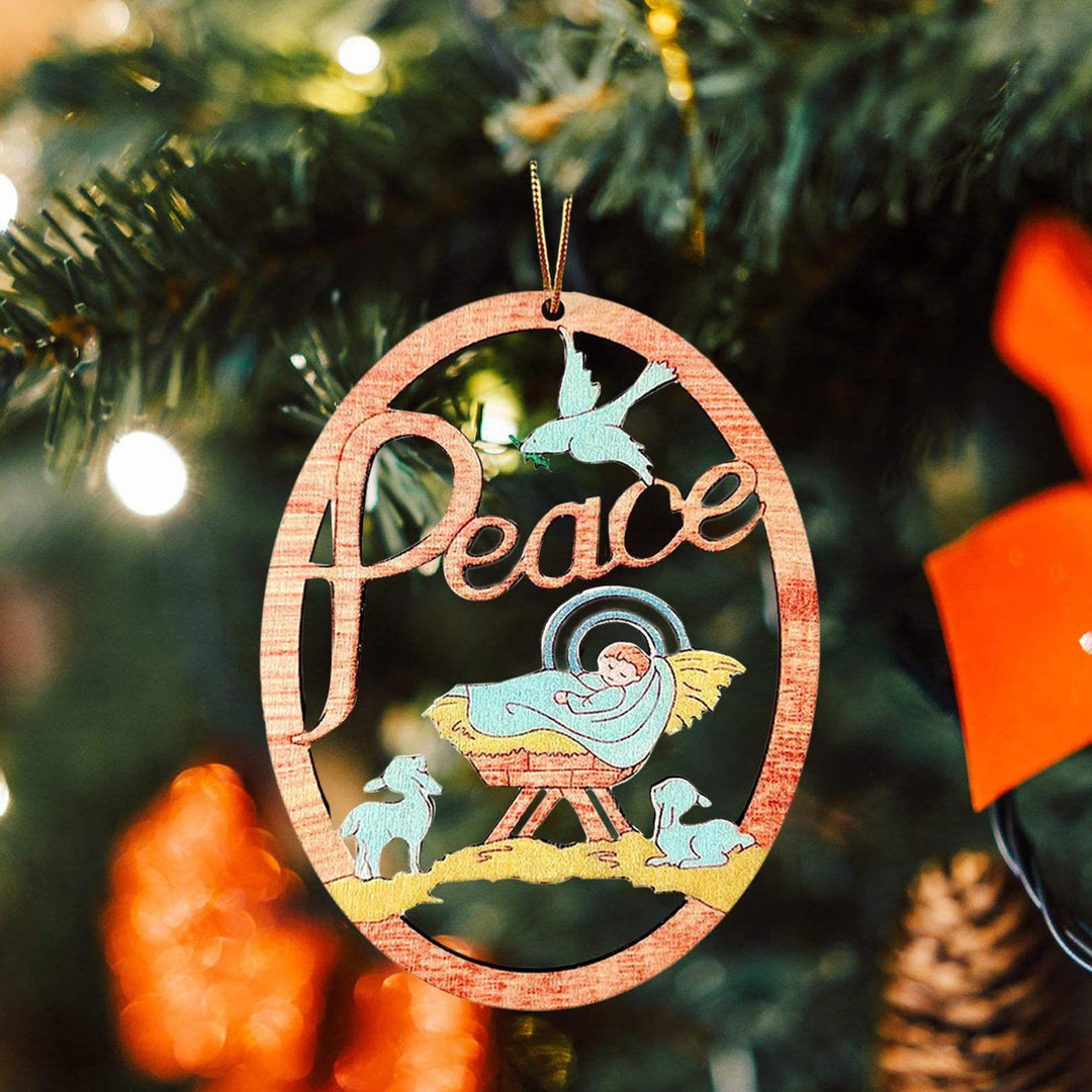 Christianartworkshop Rustic Colored Style Peace Nativity Scene Oval Christmas Nativity Hanging Ornaments - Nativity Scene - image 0