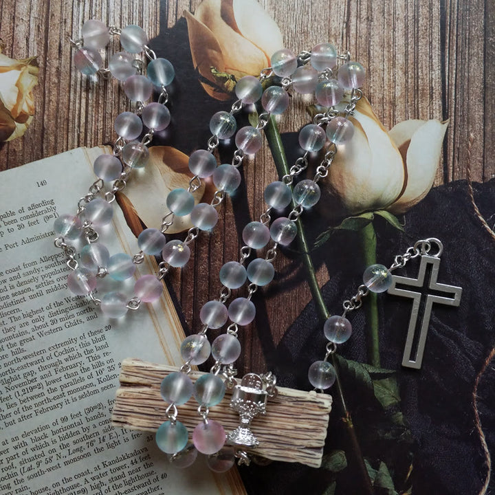 Christianartworkshop Holy Grail & Cross of 8 mm Round Multicolor Glass Alloy Chain Rosary