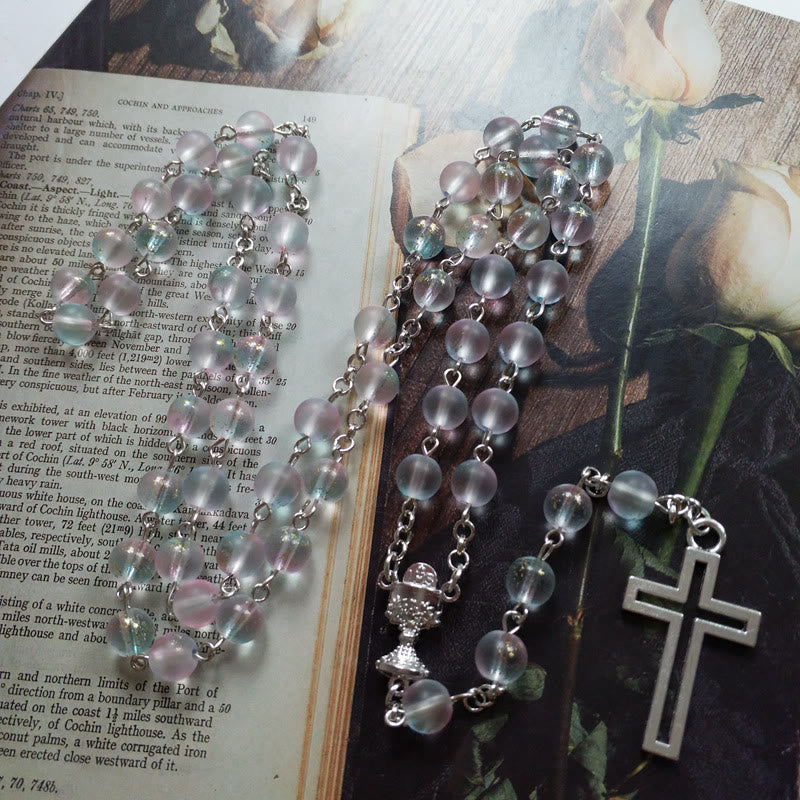 Christianartworkshop Holy Grail & Cross of 8 mm Round Multicolor Glass Alloy Chain Rosary