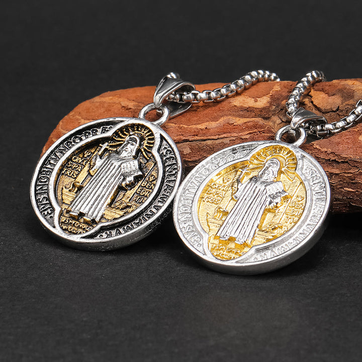 Christianartworkshop Classic Retro Style Crafted St. Benedict Sacred Protection Pendant Necklace - Silver&Gold - image 0