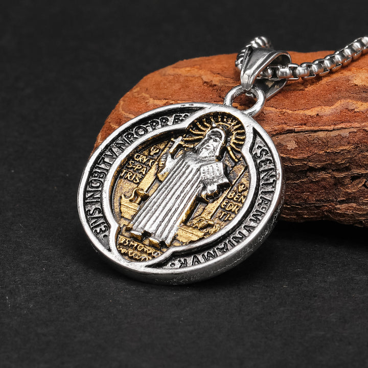 Christianartworkshop Classic Retro Style Crafted St. Benedict Sacred Protection Pendant Necklace - Retro Silver&Gold - image 2