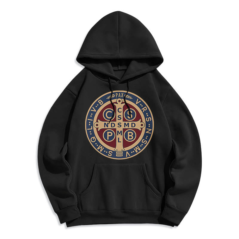 Christianartworkshop Classic Colored Style St. Benedict Protector Fleece Lined Polyester Hoodie - Black - 2XL - image 1