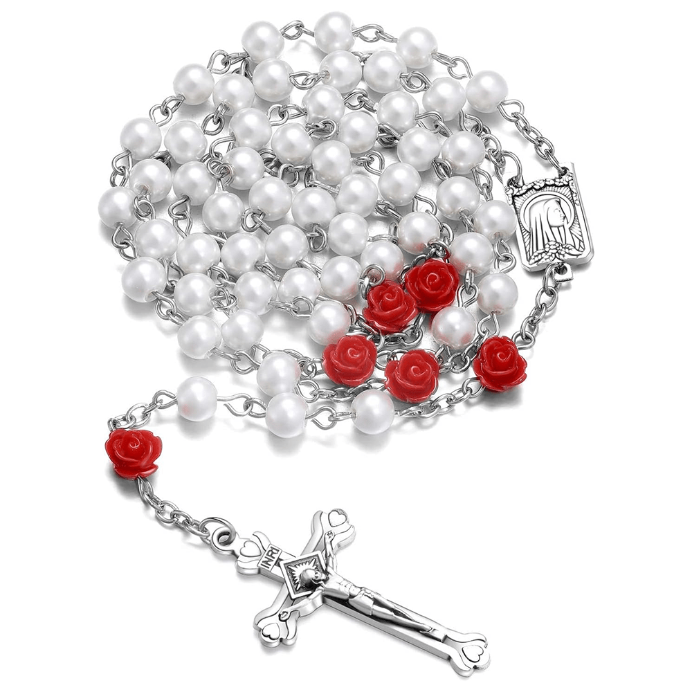 Christianartworkshop Madonna in Profile & Crucifix of 6 mm Rose Round Multicolor Pearl Alloy Chain Rosary(8 colors) - White - image 1