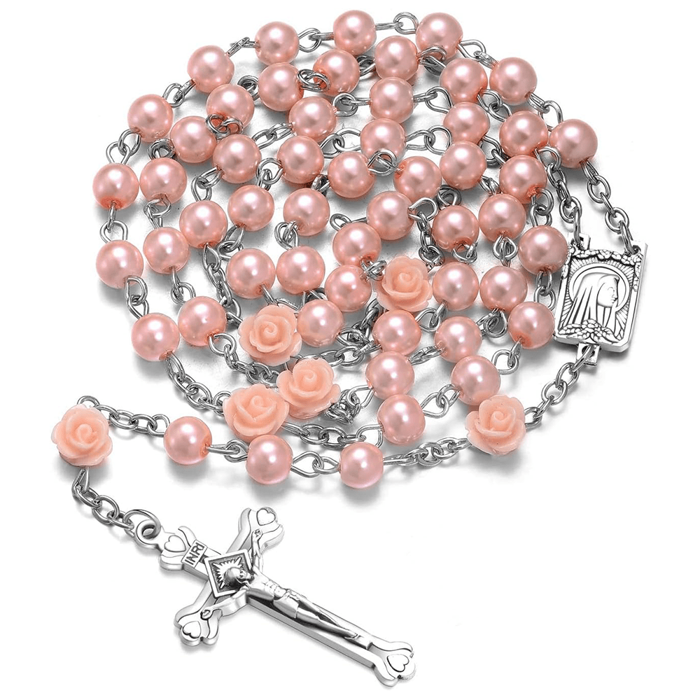 Christianartworkshop Madonna in Profile & Crucifix of 6 mm Rose Round Multicolor Pearl Alloy Chain Rosary(8 colors) - Pink - image 0