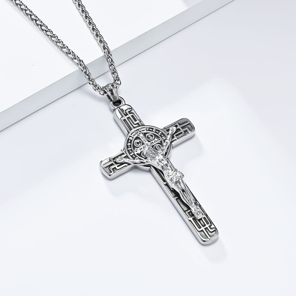 Christianartworkshop Classic Retro Style Crucifix St. Benedict Medal Protection Pendant Necklace - Silver - image 2