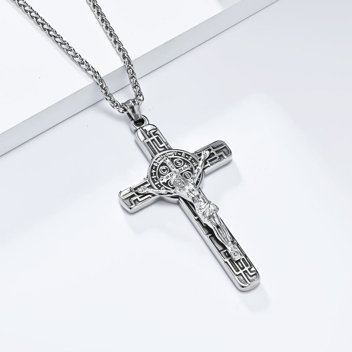 Christianartworkshop Classic Retro Style Crucifix St. Benedict Medal Protection Pendant Necklace - Silver - image 2