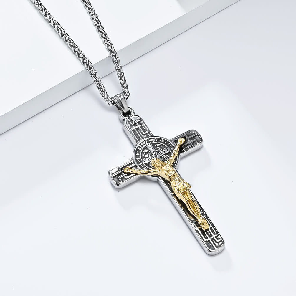 Christianartworkshop Classic Retro Style Crucifix St. Benedict Medal Protection Pendant Necklace - Silver-gold - image 0