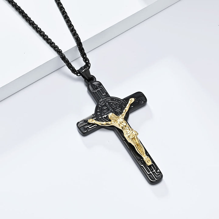 Christianartworkshop Classic Retro Style Crucifix St. Benedict Medal Protection Pendant Necklace - Black-gold - image 1