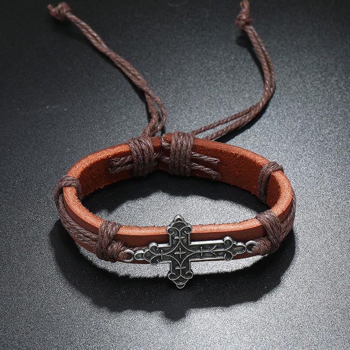 Christianartworkshop Old Crafted Style Cross Pendant Leather Drawstring Adjustable Faithful Bound Bracelet - image 4