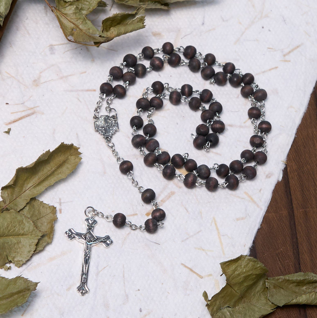 Christianartworkshop Jerusalem Medal & Crucifix of 7 mm Round White Rosewood Alloy Chain Rosary - image 4