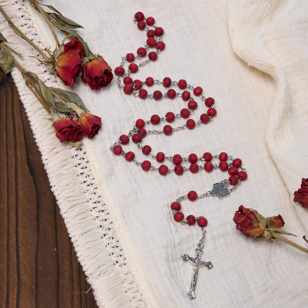 Christianartworkshop Jerusalem Medal & Crucifix of 7 mm Round White Rosewood Alloy Chain Rosary - image 12