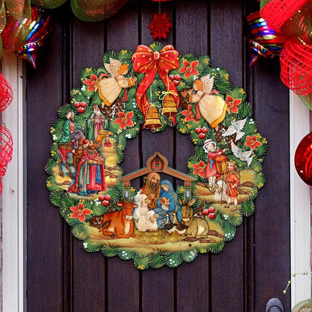 Christianartworkshop Colored Style Nativity Scene Angels Bells Wreath Christmas Nativity Hanging Ornaments - Nativity Scene - image 0