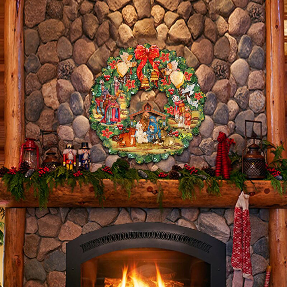 Christianartworkshop Colored Style Nativity Scene Angels Bells Wreath Christmas Nativity Hanging Ornaments - image 1