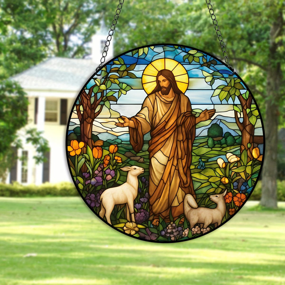 Christianartworkshop Stained Glass Colored Style Jesus The Good Shepherd Christmas Hanging Ornaments - image 1