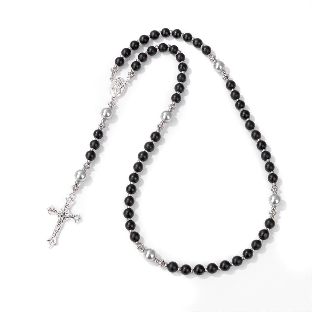 Christianartworkshop Natural Stone & Pearl Our Lady Medal Prayer Rosary - Black - image 20