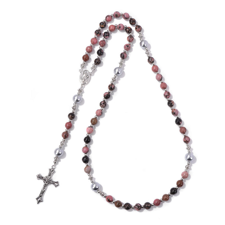 Christianartworkshop Natural Stone & Pearl Miraculous Medal Prayer Rosary - Black Pink Pattern - image 13