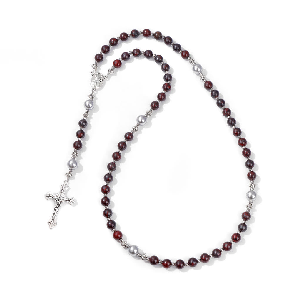 Christianartworkshop Natural Stone & Pearl Our Lady Medal Prayer Rosary - Deep Wine - image 14