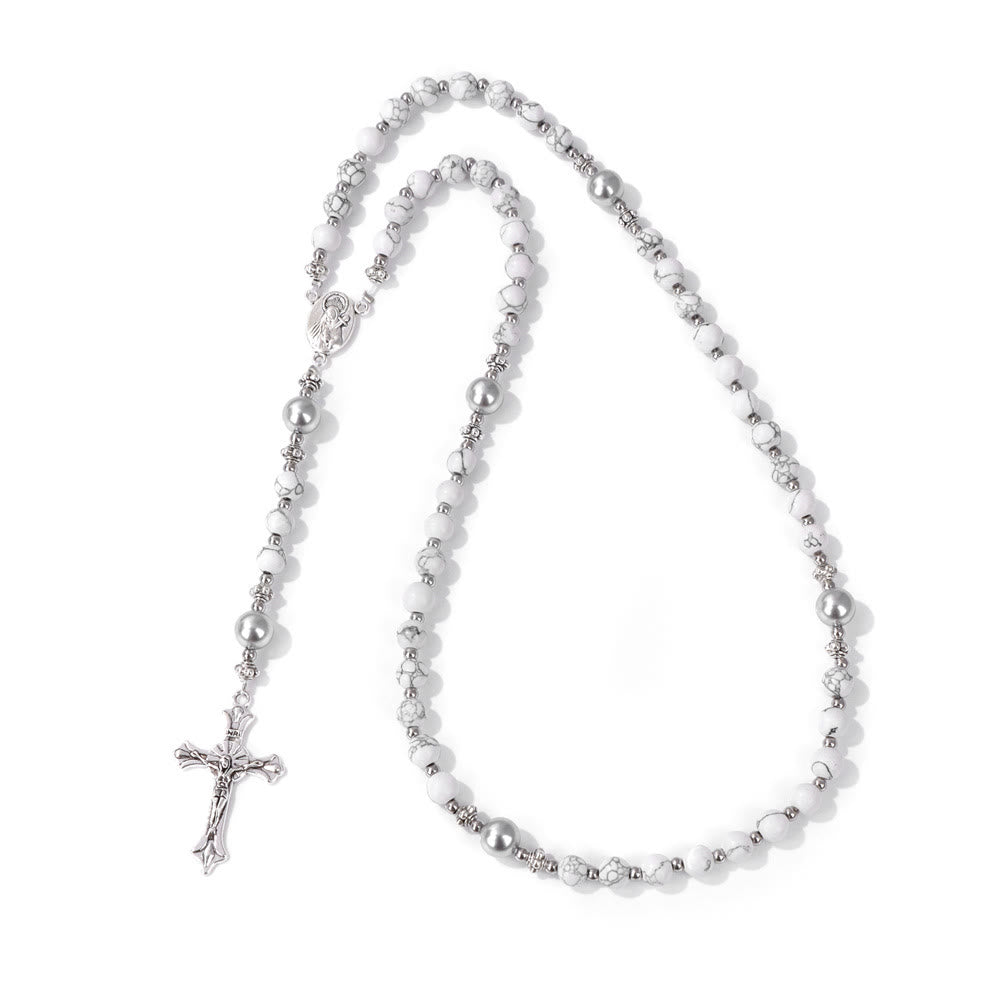 Christianartworkshop Natural Stone & Pearl Our Lady Medal Prayer Rosary - White Pine - image 18