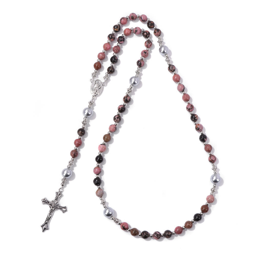 Christianartworkshop Natural Stone & Pearl Our Lady Medal Prayer Rosary - Black Pink Pattern - image 12