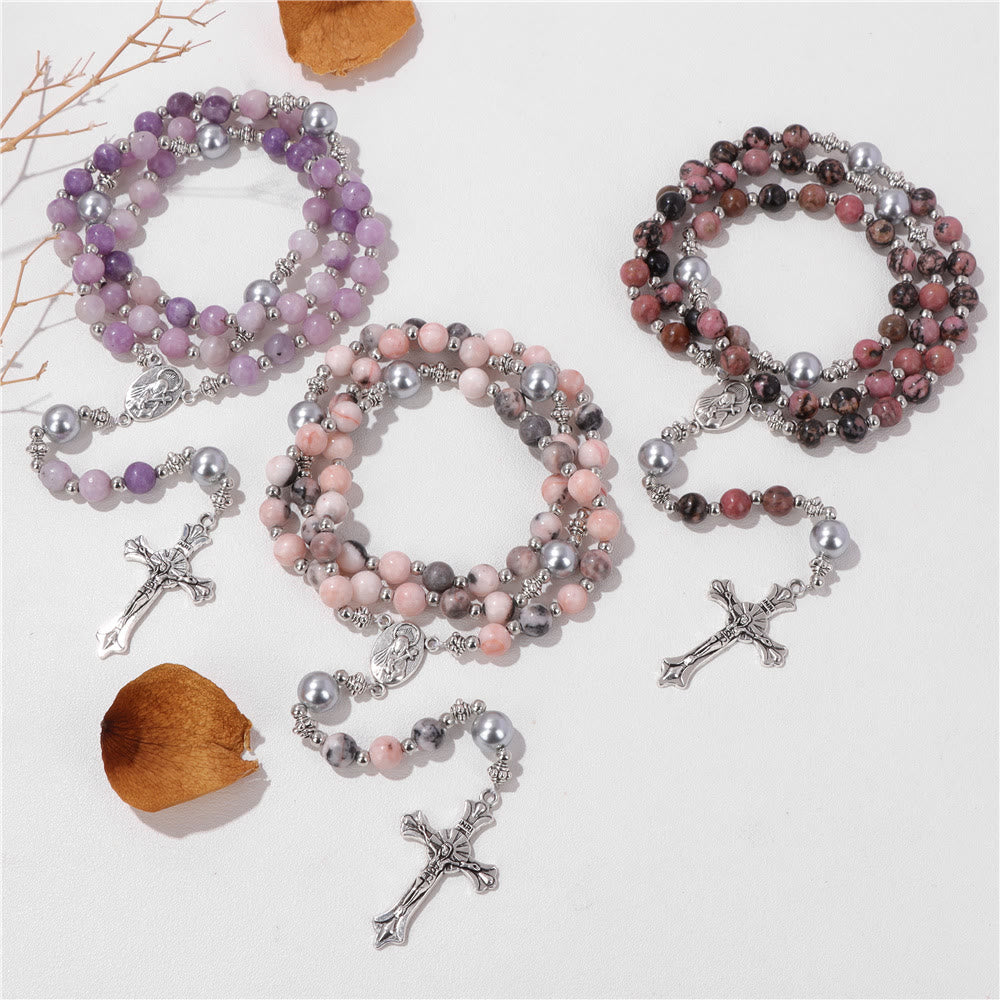 Christianartworkshop Natural Stone & Pearl Miraculous Medal Prayer Rosary - image 2